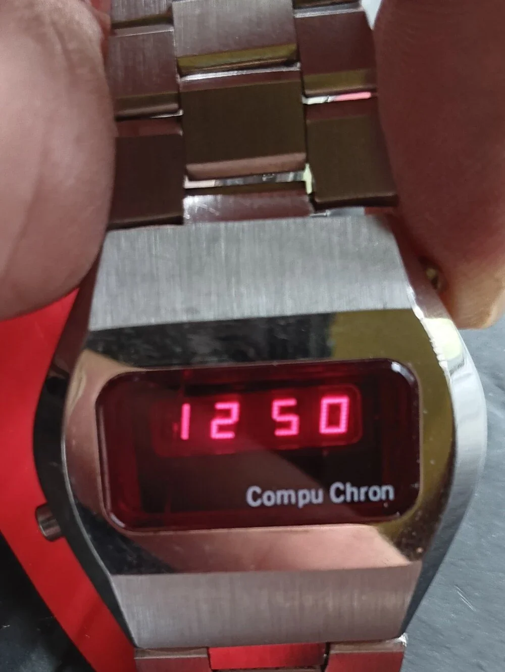 Vintage Compu Chron Stainless Steel LED Digital Watch - Silver with Red Display